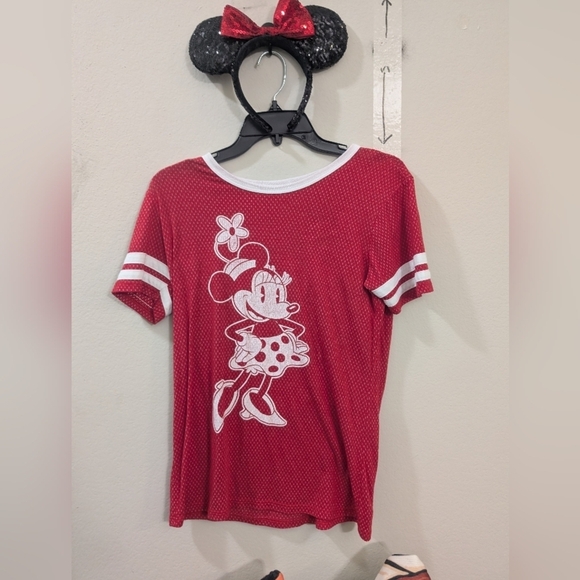 Disney Other - Disney Red And White Minnie Mouse Short Sleeve Tee With Sparkly Ears